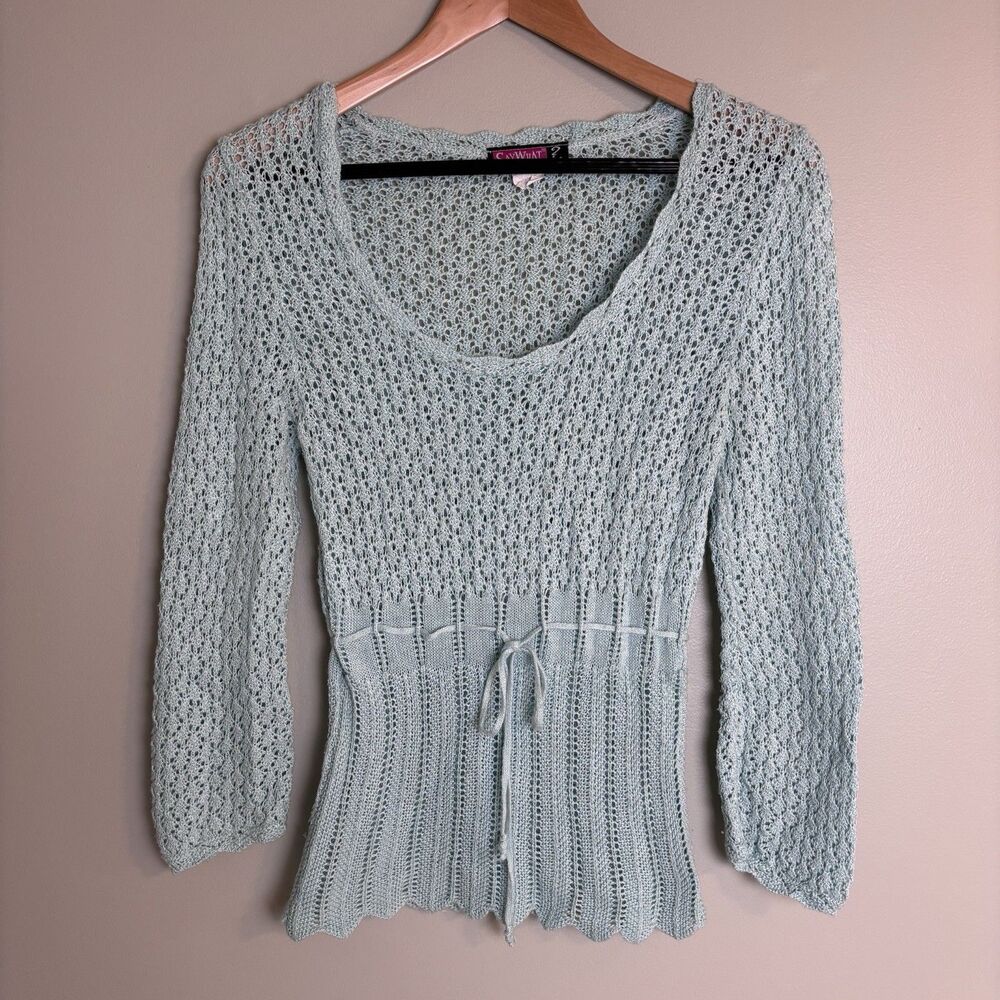 Say What? Y2K Vintage Open Knit Sweater Teal Fairy Boho Soft Girl Cottagecore M